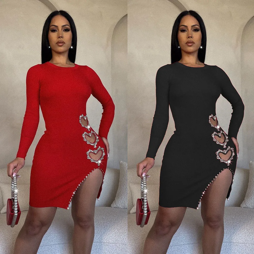 Sexy solid color round neck long sleeve heart shape rhinestone short slit dress hip wrap bodycon dress
