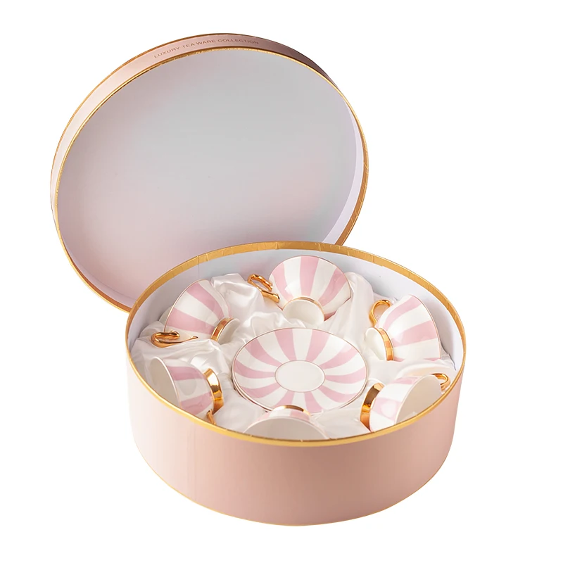 Modern Luxury Coffee Cup Pink Stripe Ceramic Tea Cup And Saucer