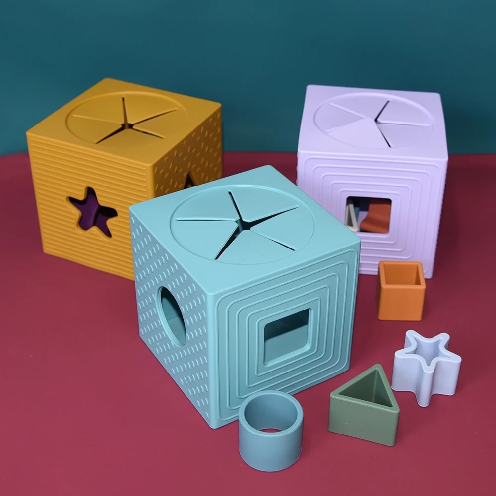 Wolife Original Design Free Bpa Silicone Shape Sorting Puzzle Box With 4 Shapes Educational Learning Stacking Toy For Baby