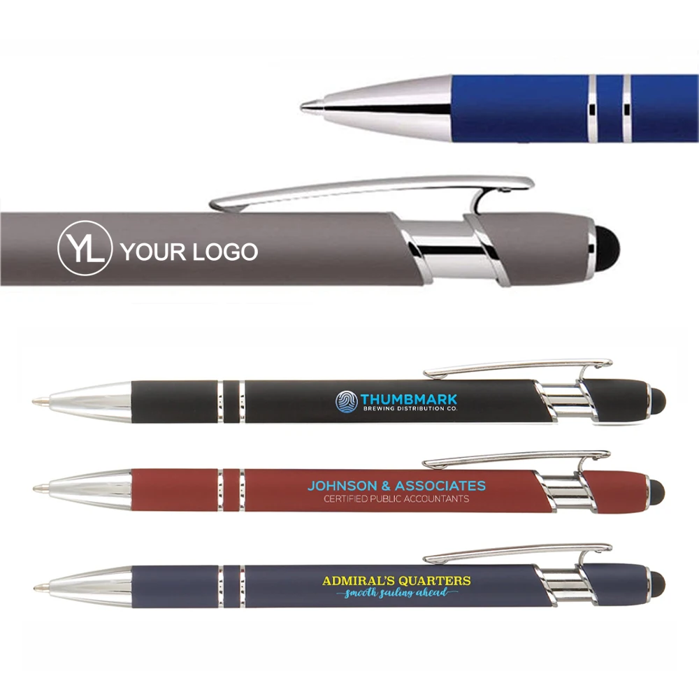 Promotional Custom Logo Incline Round Ball Stylus Rubberized Aluminum Plastic Metal Ballpoint Pen