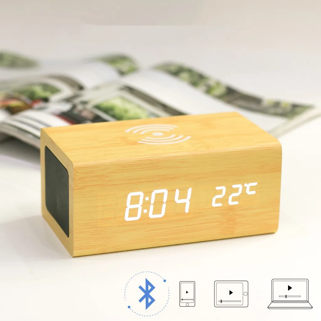 Portable Time Clock + Alarm Clock + Dimming LED Mood Lighting + 15W Wireless Charger + FM Blue +tooth Speaker