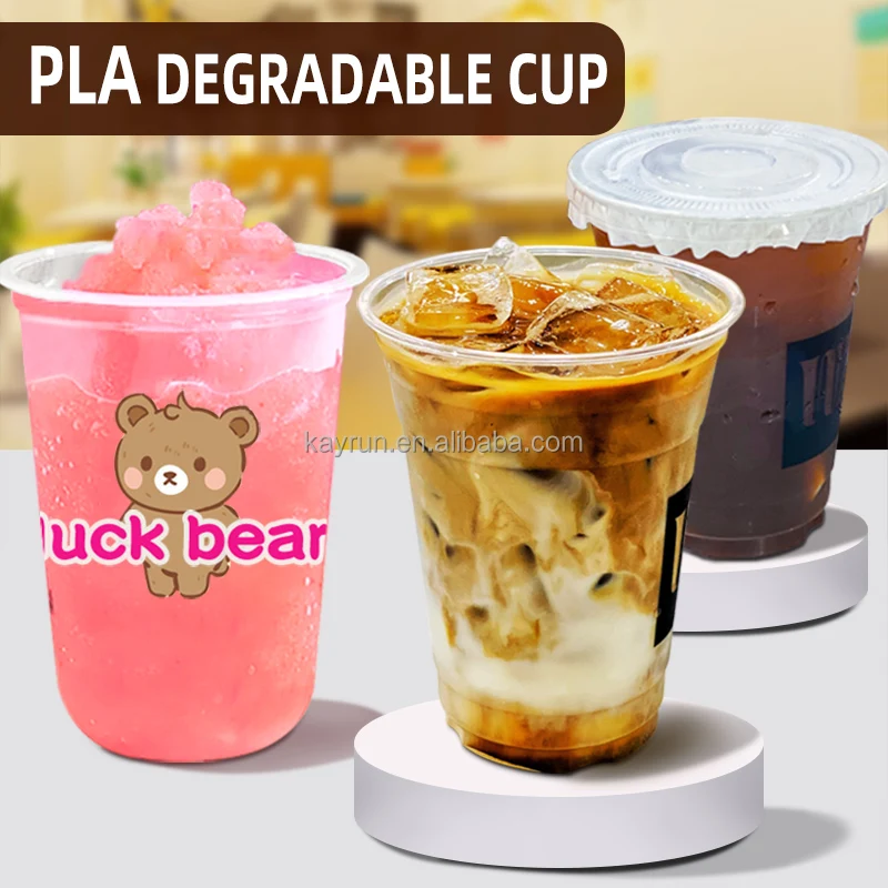 Custom 12 16 22 32 oz transparent bubble tea plastic cup biodegradable cold coffee  PLA clear cups with lids