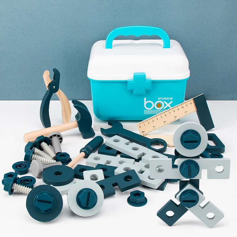 Newest construction play tool toy kid shape matching screw nut toys pretend wooden children toolbox toy