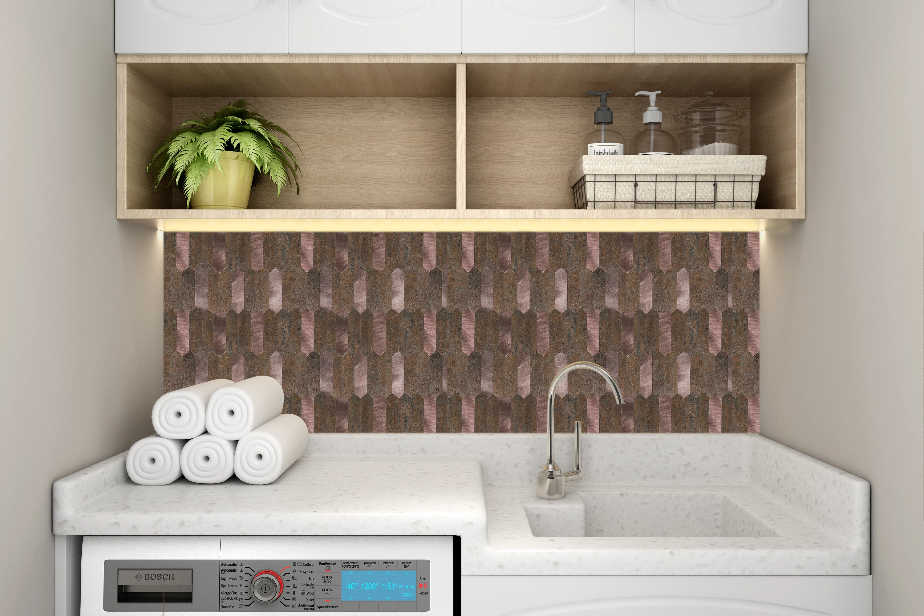 Brush Steel Effect Waterproof Peel and Stick Mosaic Wall Tile Sticker Backsplash Stick On Metal Tiles in Rose Gold