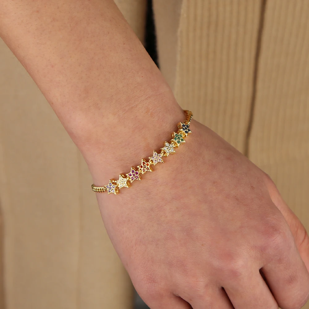 Fashion Gold Plated Rope Thick Chain Set rainbow Cz Paved Flower Charm Bracelet with Multi Flower Charm Bracelet for Wedding