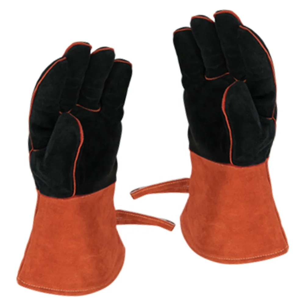 Safety Hand Welding Gloves Heat Resistant Cow Split Leather Inner Full Fleece And Denim Jeans Cuff