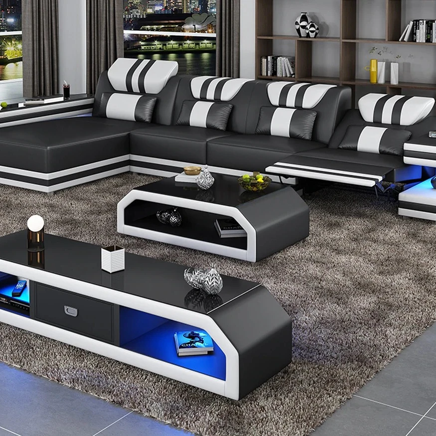 modern leather sectional sofa set furniture sofa living room furniture with led light