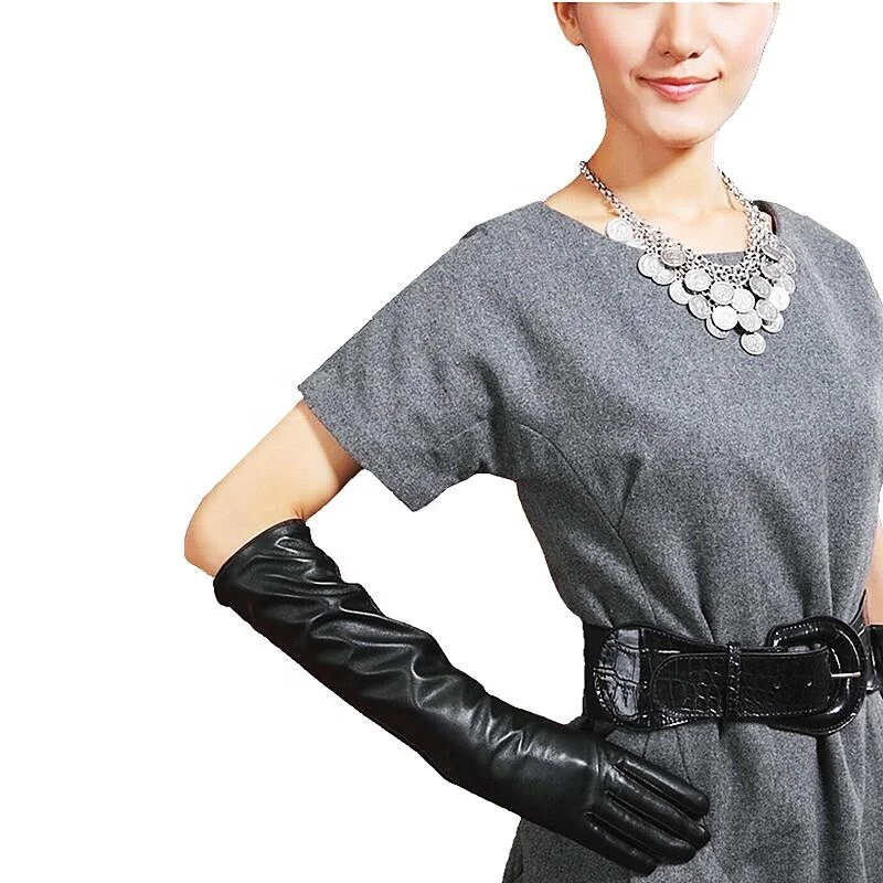 Оптовая продажа, женские высококачественные черные кожаные перчатки длиной 50 см для вечеринок, теплые зимние перчатки для оперы