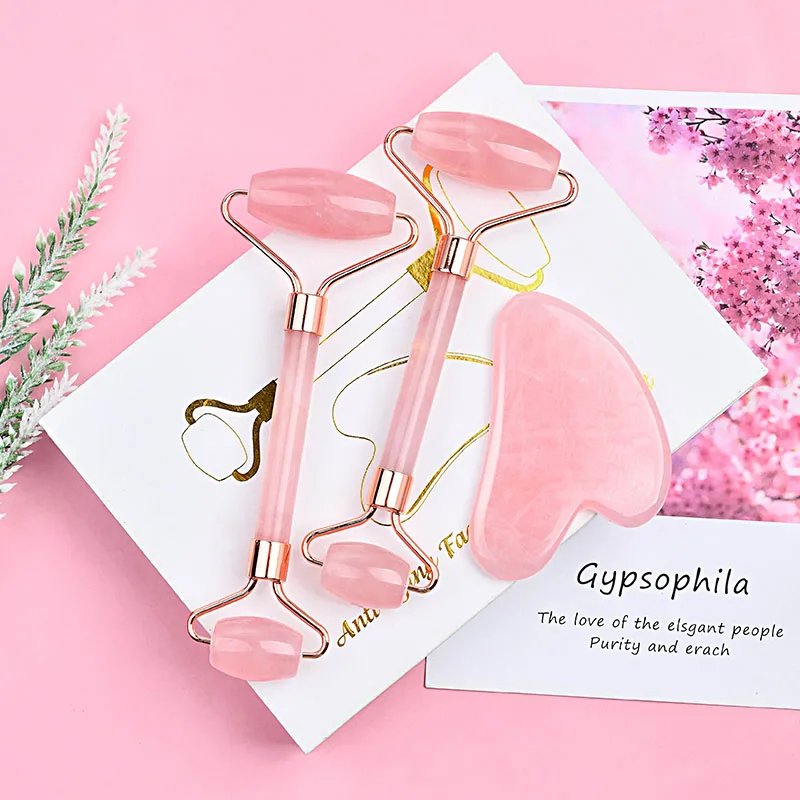 Custom Logo Pink Crystal Facial Massage Tool Jade Gua Sha Set Rose Quartz Face Roller Guasha Stone Skin Care Beauty Products