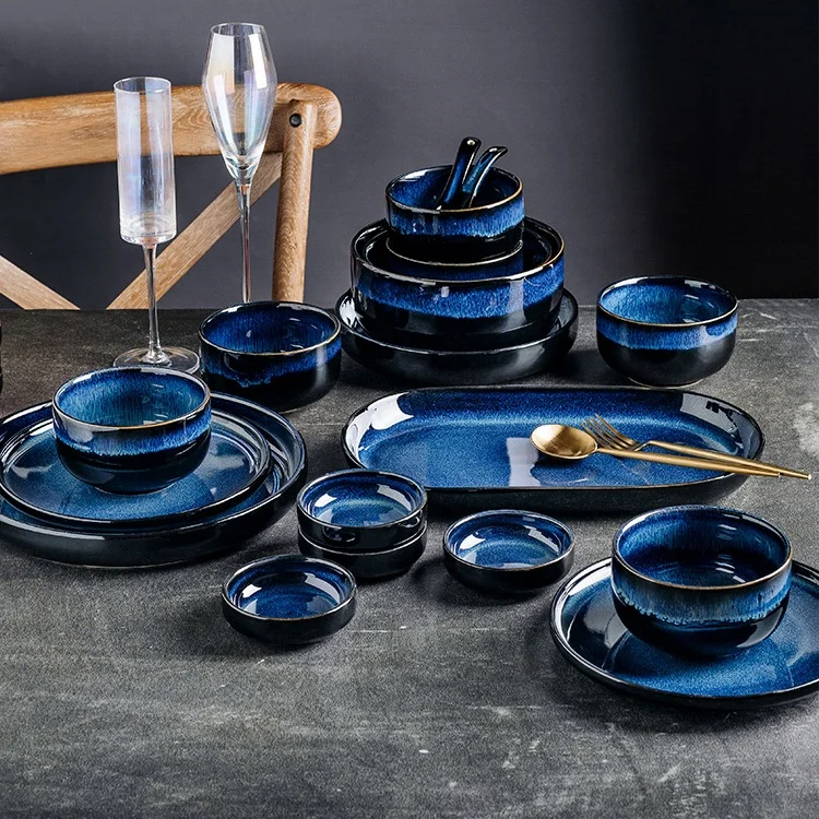 Wholesale Cheap Colored Glaze Blue High Quality Porcelain Dinner Plate Rice Bowls Round Ceramic Dinnerware Sets for Restaurant