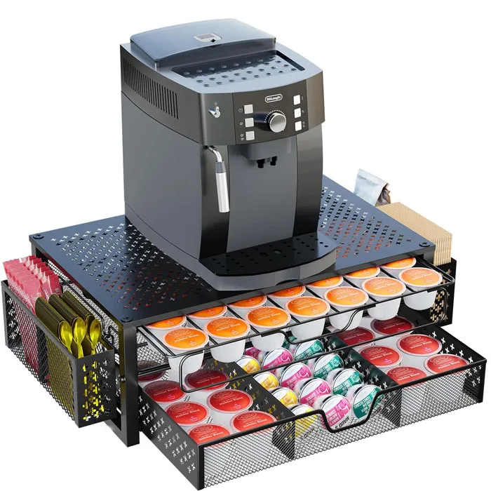OEM ODM 2 Tiers Coffee Station Organizer Large Capacity Coffee Pod Holder K cups Metal Coffee Pod Drawer