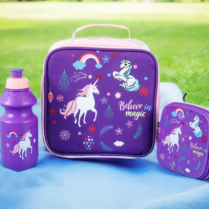 Cartoon Pattern 3 In 1 Lunch Tote Bag With Sandwich Box & Water Bottle Portable School Cooler Set