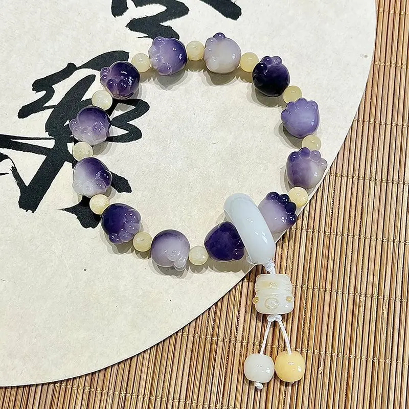 Bodhi Seed Beaded Bracelet Cute cat claw shaped bead elastic rope bracelet for women and little girls Chinese style jewelry