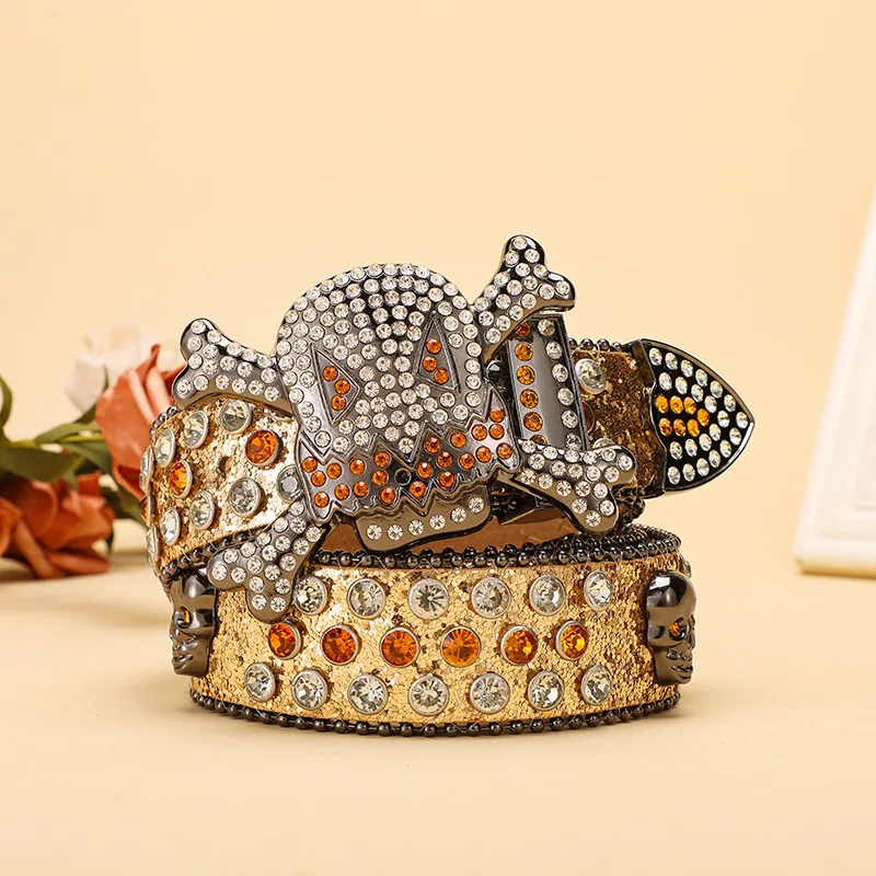 Bling bling Skull PU Accessories Custom Western Fashion Diamond Belt for Men Women Rhinestone BB Belt for Cowboy Cowgirl