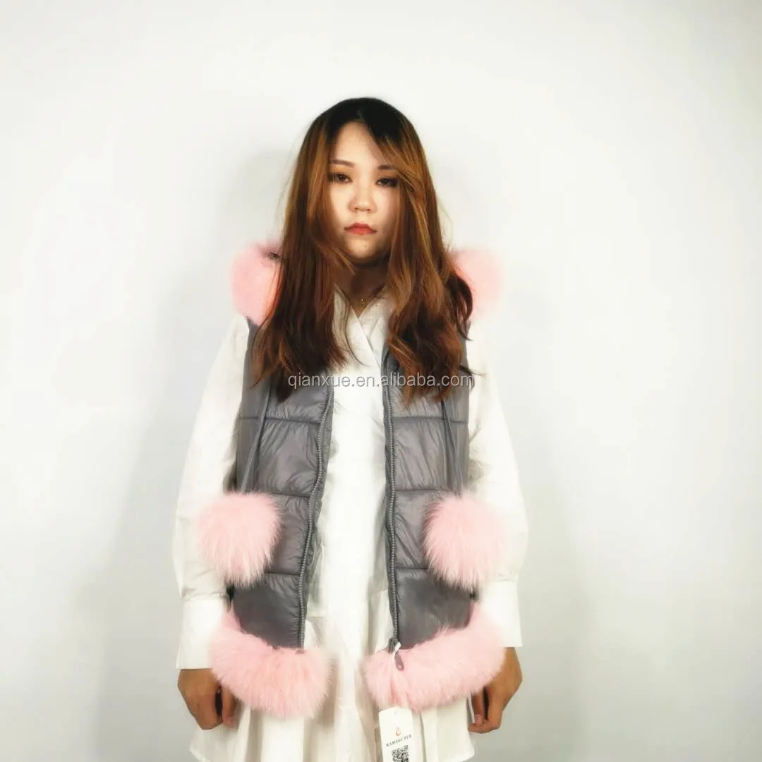 
New Trend Winter Europe Ladies Puffer Cotton Waistcoat Women Fox Fur Trim With Pompoms Chaleco Mujer Femme Vest 