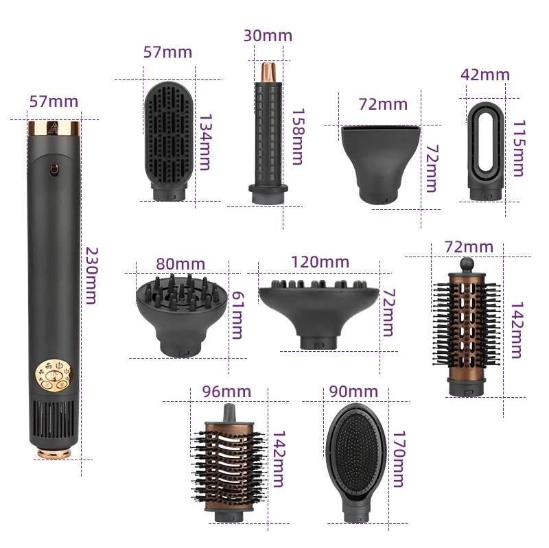 OEM Custom High Speed Negative Ionic Hair Dryer 7 in 1 Hot Air Brush with Auto Curlers Volumizing Combing Hair Styler