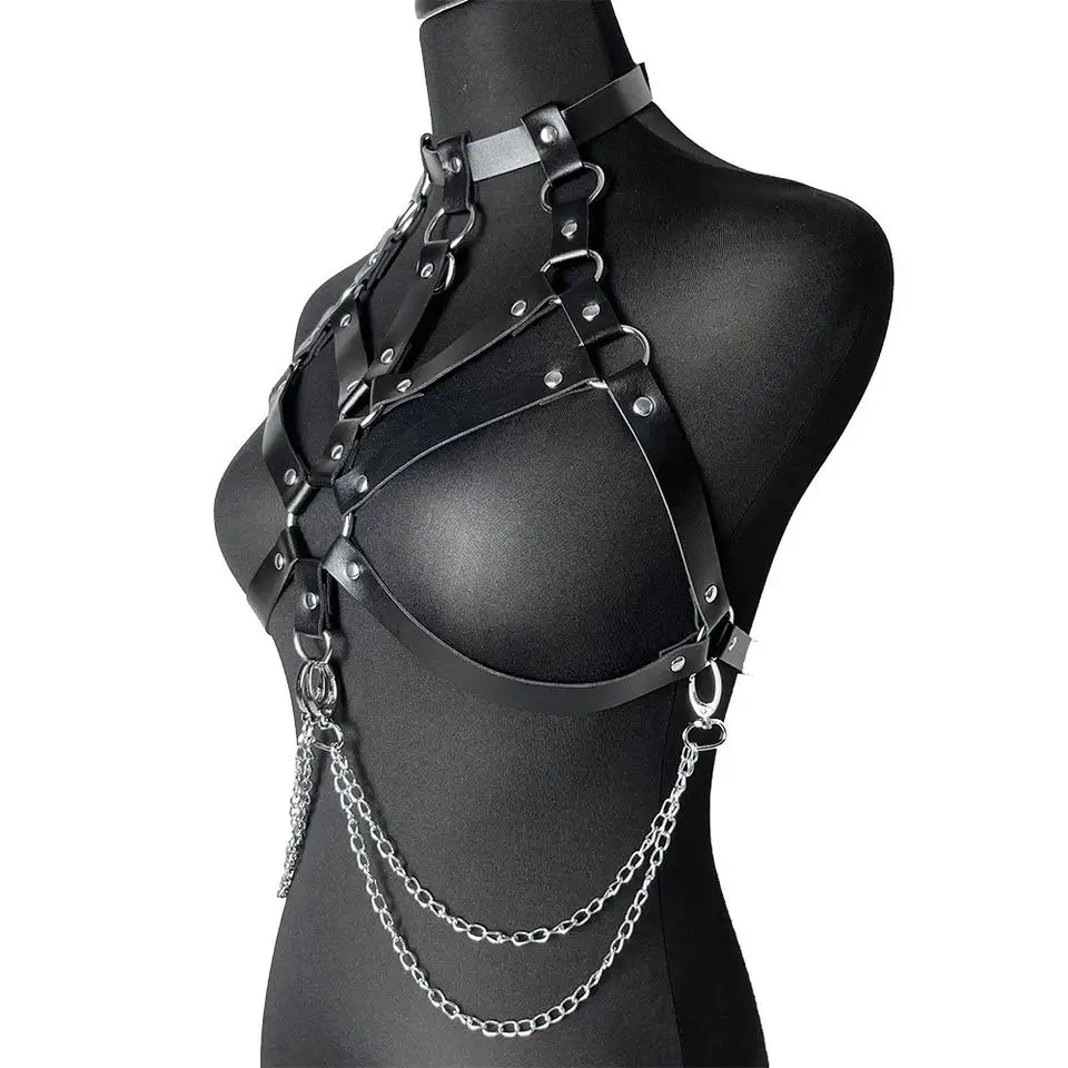 Women PU Leather Chest Harness Body Bra BDSM Erotic Lingerie SM Bondage Set Slave Collar Decoration Chain Sex Toys