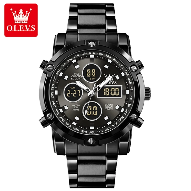 OLEVS Digital Quartz Wristwatch Men Three Time Led Sport Watch Countdown Steel Strap Watch Clock Relogio Masculino 1106