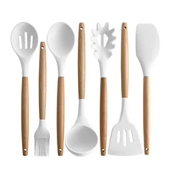 Heat Resistant Silicone Kitchen Tools Wooden Handle Mixing Cookware Kitchen Utensil Spatula Slotted Solid Spoon