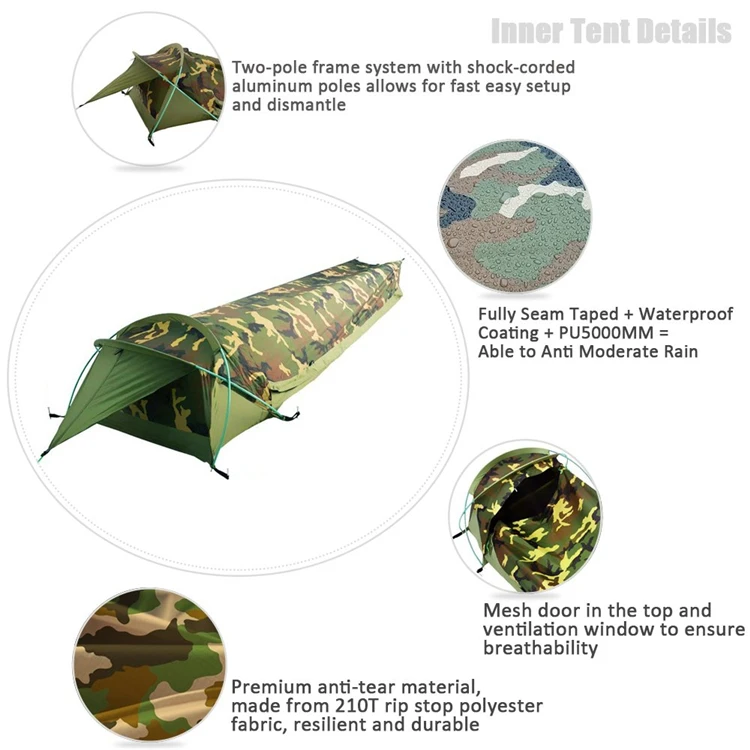 GEER TOP Tent Camouflage Outdoor 1 Single Person Tent Aluminum Pole Ultralight Weight Professional Hiking Camping Solo Tent