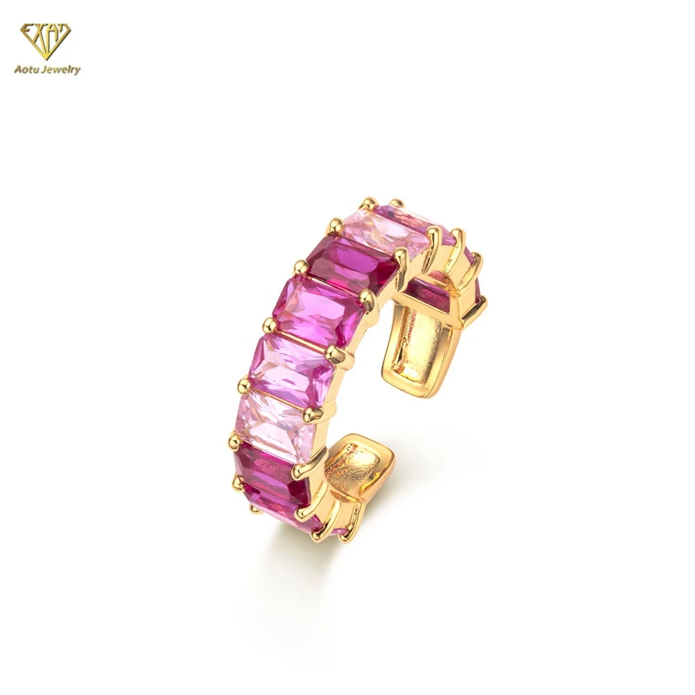 18K gold plated red corundum colorful baguette cz diamond open rings