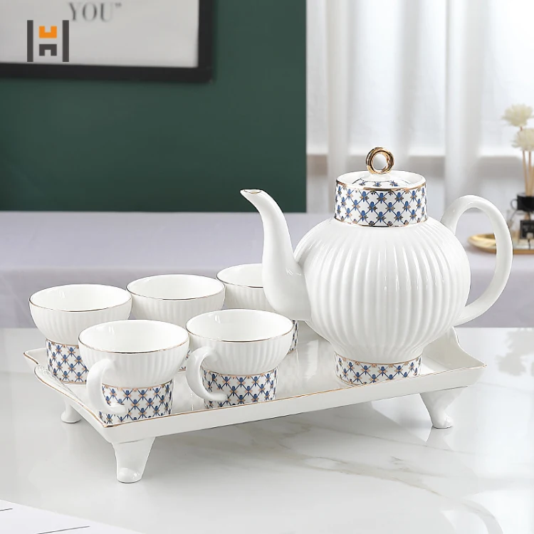 Ramadan Gift Luxury Ceramic Tea Set 8pcs Porcelain Coffee Tea Set with Gold Decor Ceramic Tea Pot and Cup Set