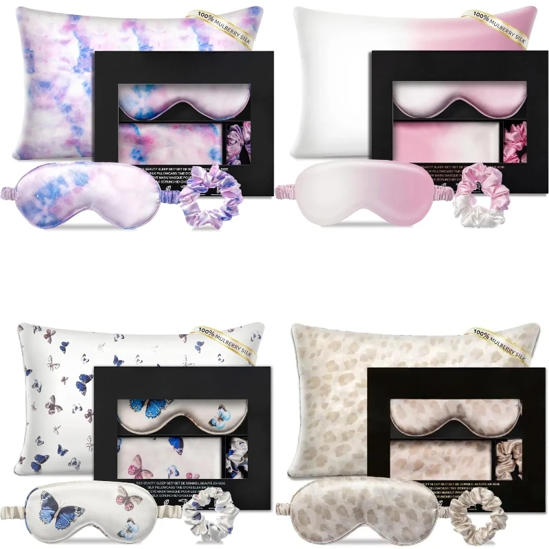 Custom silk gift set box pure silk eye mask scrunchies pillowcase 3 pieces 100% mulberry silk pillow case set for sleeping
