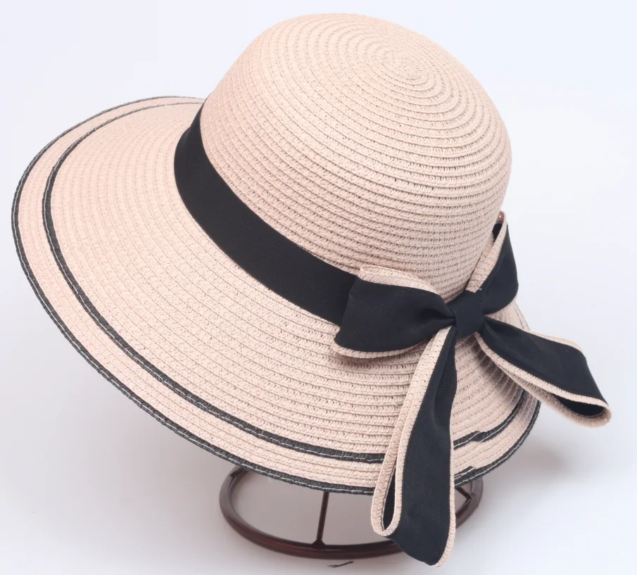 
Wholesale and cheap Dome flat big brim black bow bowknot straw hat Summer seabeach Hats For Women 