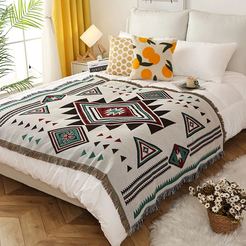 Geometric Ethnic vintage Boho artwork jacquard woven throw rug home decor blanket outdoor & indoor with tassel