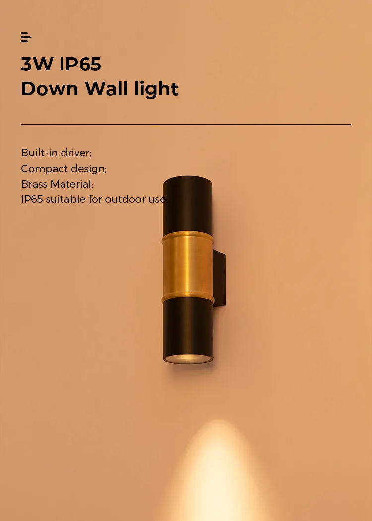 VJC 3W IP65 Down Wall light for outdoor use Compact design Brass Material modern wall light outdoor wall light