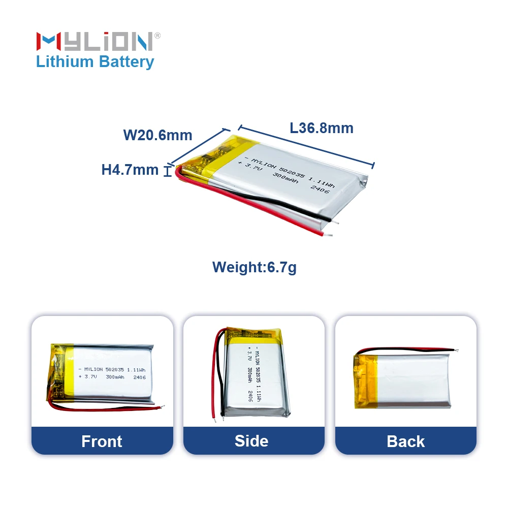 Customizable Overcharge Protection 3.7 Li Polymer Battery 502035 1.11Wh 300mah for Toys Consumer Electronics
