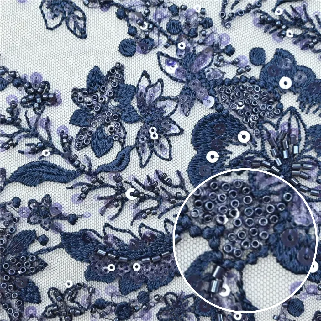 Factory custom African navy blue fabric hand beaded and sequined floral vintage embroidery tulle lace fabric