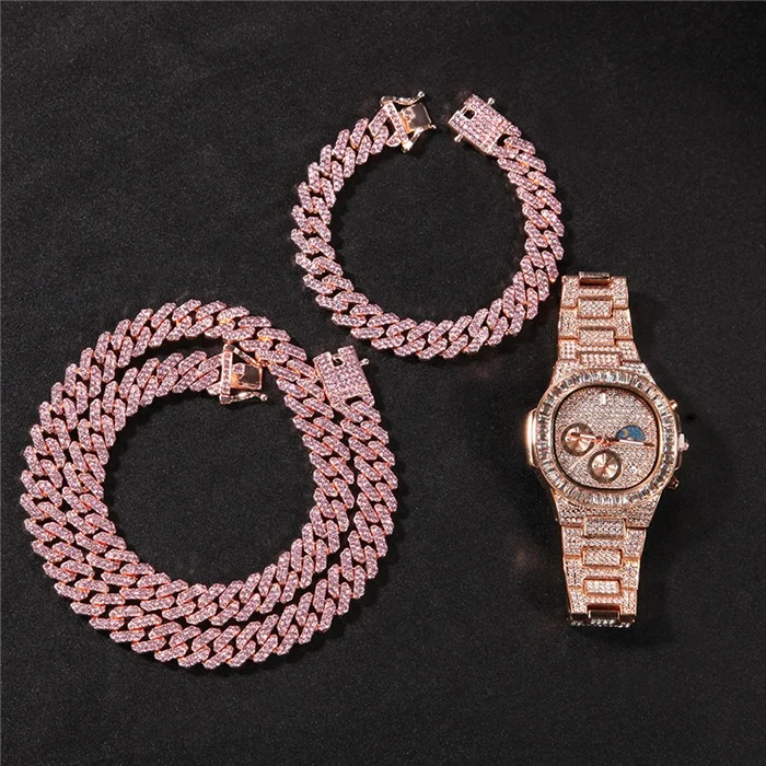 Male Female Jewelry Trendy Party Rose Gold Bling Pink Crystal Diamond Paved Cuban Chain Necklace Bracelet Watch Jewellery Sets