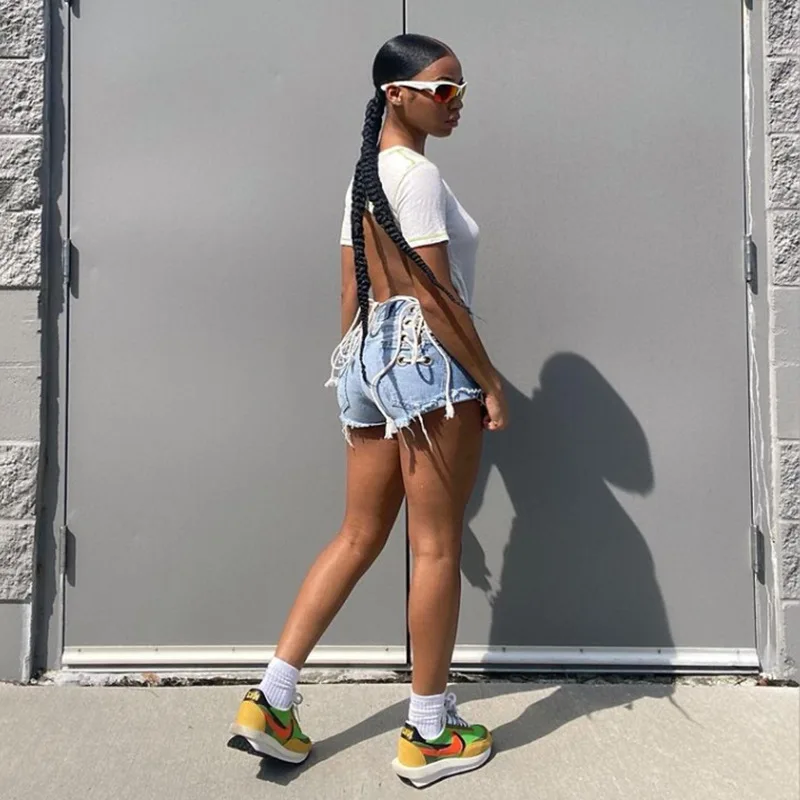 Modern Streetwear Ripped Hole Strap Sexy Tight Bandage Street Trendsetter Casual Denim Shorts