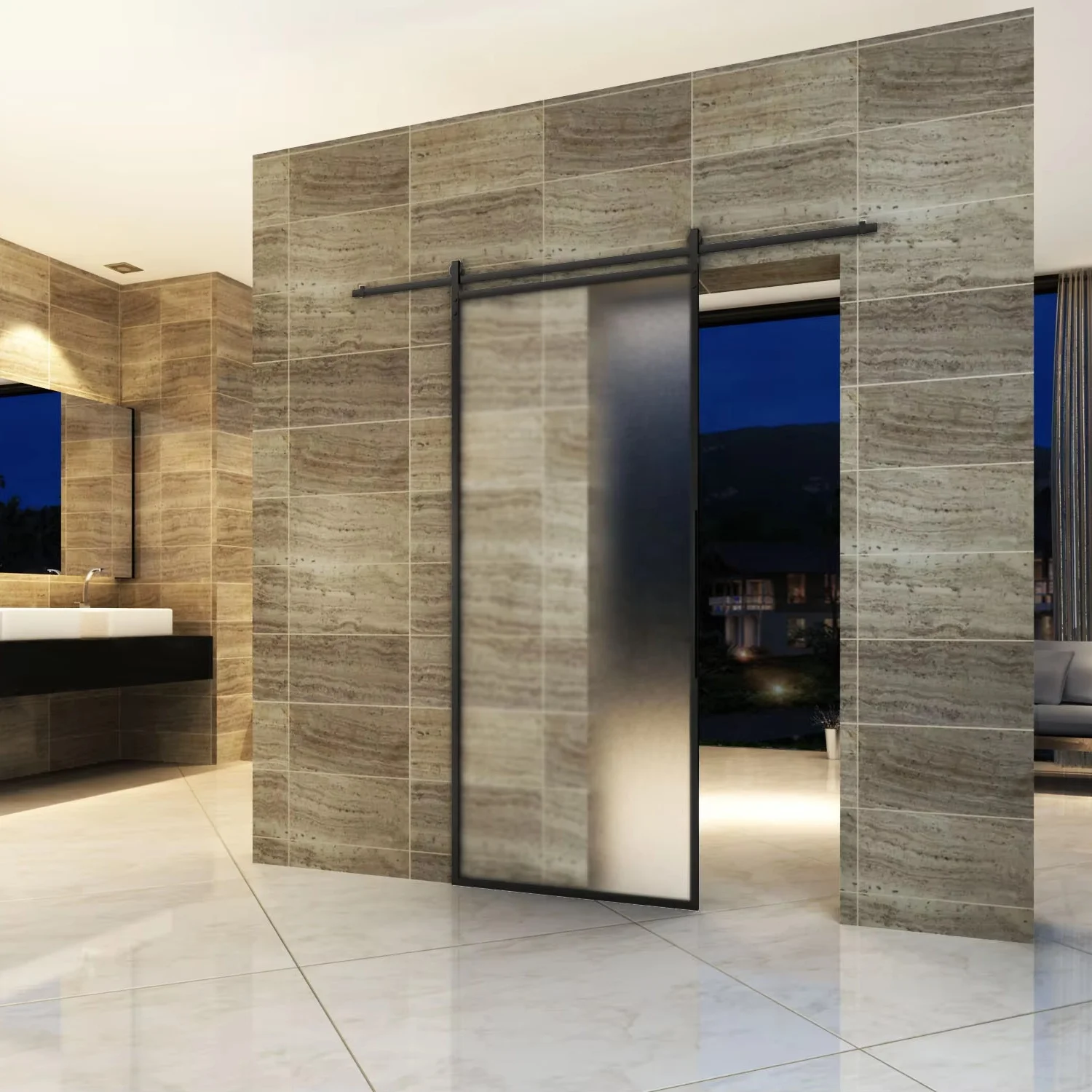 Frameless Sliding Door with Decorative Frame on Frosted Glass for Shower Rooms