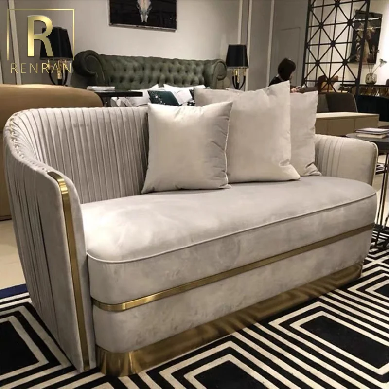 Modern home furniture 3-seater couch corner sofa with stainless steel base luxury velvet tufted sofa set for living room