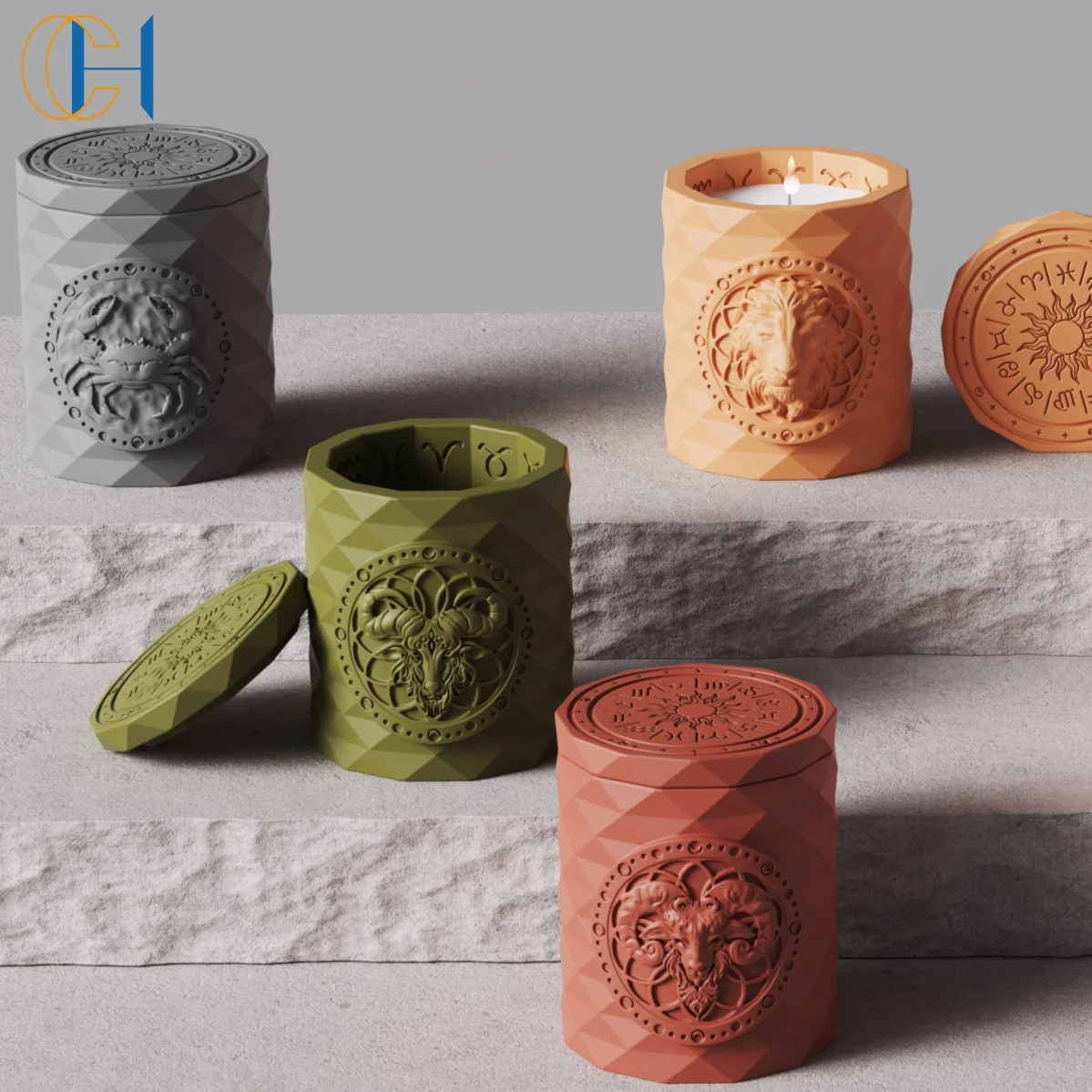 C&H Custom Concrete Candle Jar Luxury 12 Zodiac Candle Holder Private Label Scented Candles Cement Jar For Home Decoration