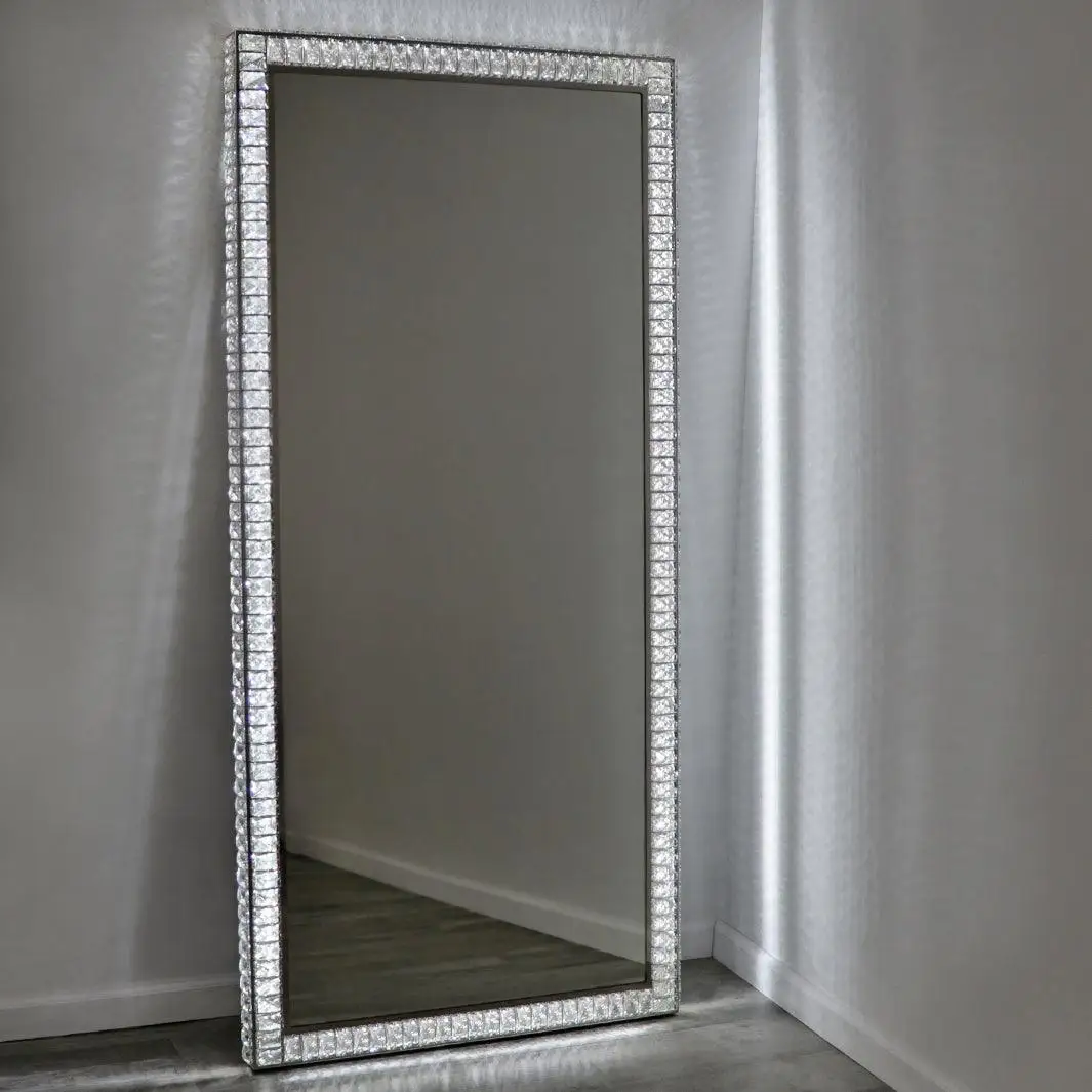 OEM Accept 3 Color Modes Crystal Wall Mirrors Home Decor Modern Led Floor Mirror Standing Large Floor Mirror
