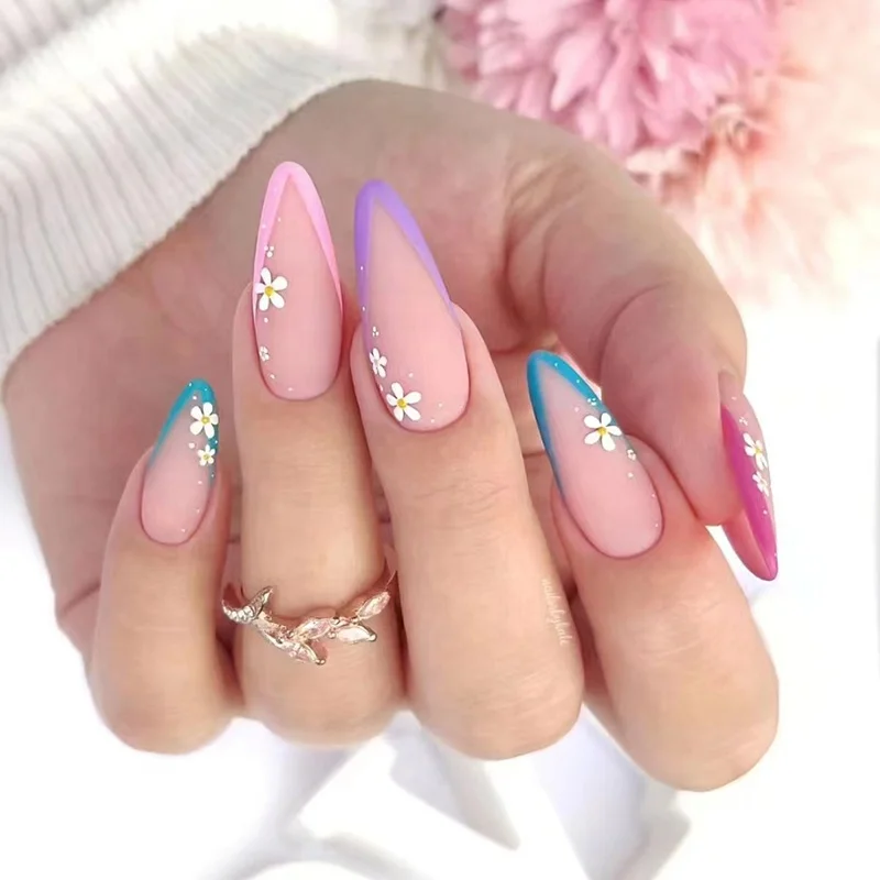 2023 Colorful summer scrub cute little floral Manicure rainbow color Artificial Fingernails Spring Nail Art Press On Nails