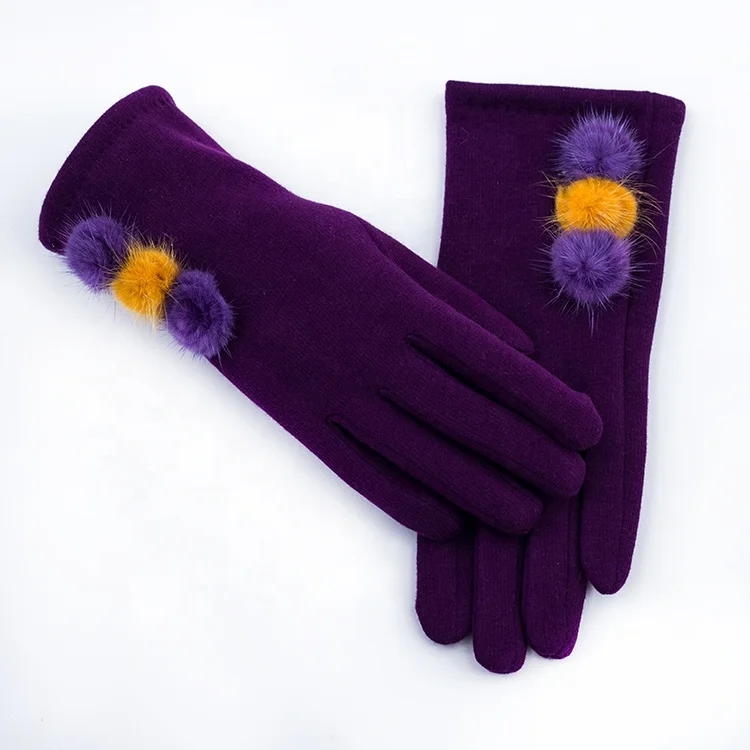 Wholesale  women elegant touchscreen gloves  with three fur ball micro velvet warm gloves for winter