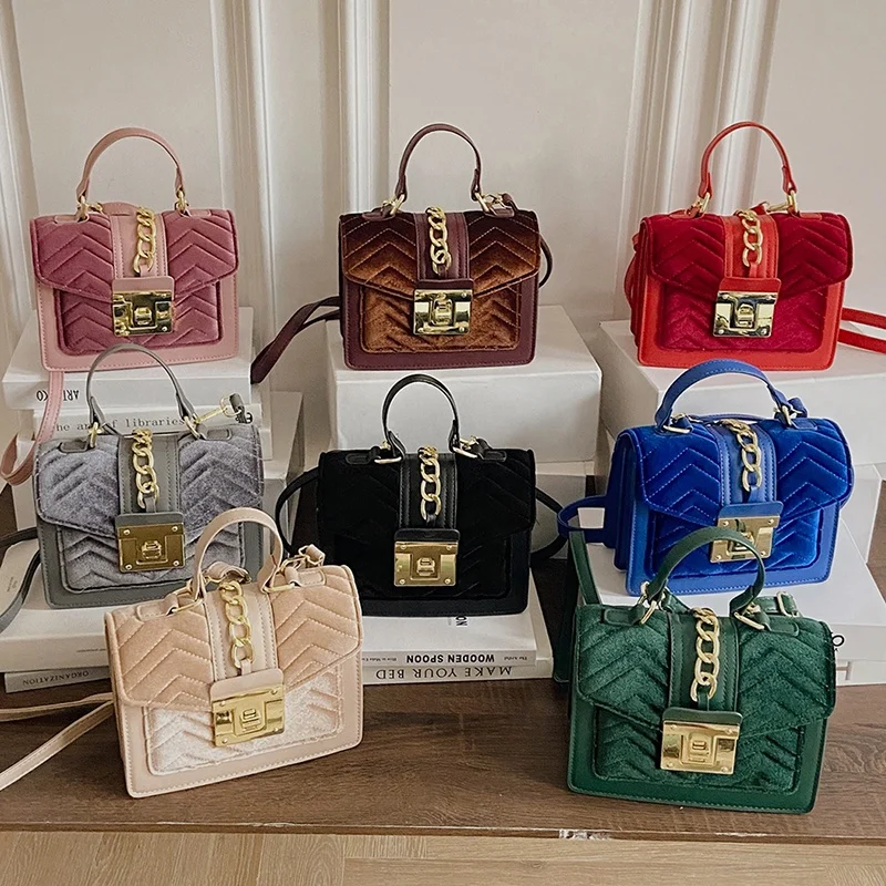 New Design Velvet Shoulder Crossbody Bag Women Hand Bag Ladies Small Square Luxury Purses And Handbags