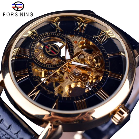 FORSINING Hollow Out Dial Engraving Black Gold Case Leather Skeleton Mechanical Watches Men Luxury Brand Heren Horloge