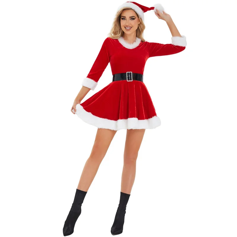 New Year Christmas Cosplay Outfits Party Performance Adult Costumes Dress Female Fancy Women Winter Red Dress With Hat
