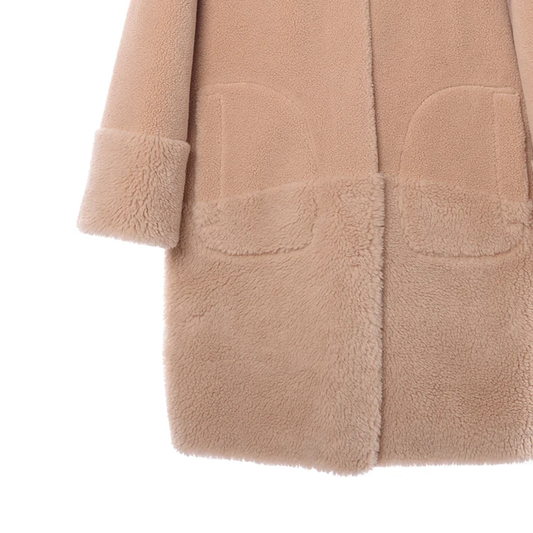 New product JTF women wholesale ladies  eco woolen winter lamb fur suede shearling with hooded wool coat