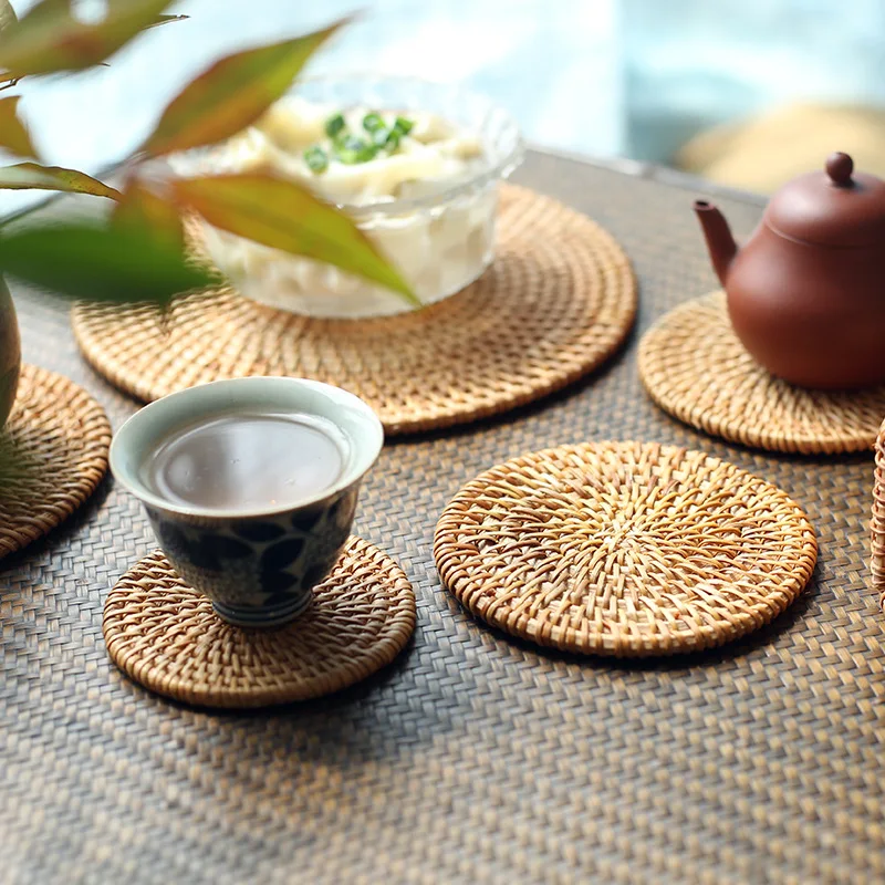 NEWELL Kitchen Accessories Cup Base Plates and Dishes Insulated Hot Pads Pot Holder Handwoven Natural Rattan Coaster Set
