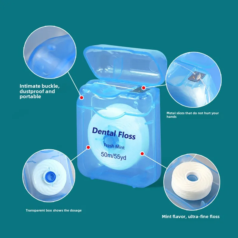 Wholesale Stock Teeth Floss High Strength Curly Orthodontic Dental Floss 50m Boxed Eco-Friendly Plastic Line Wax Mint Flavor