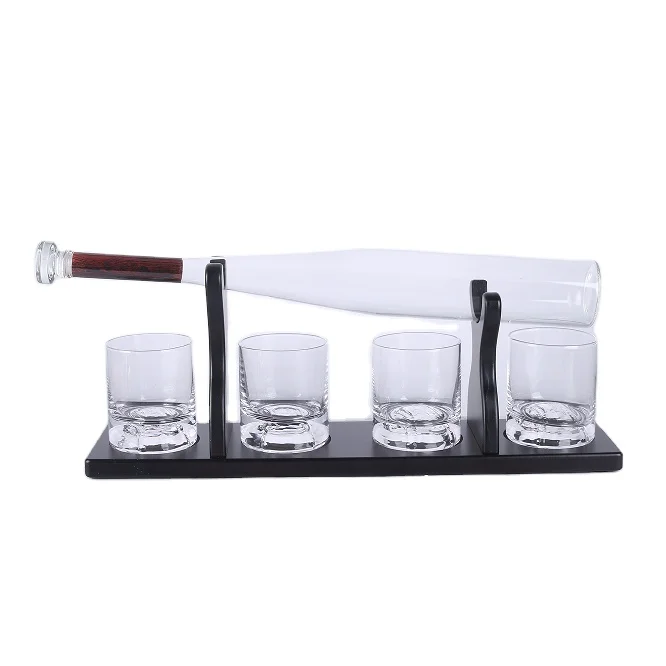 Baseball Bat Whiskey Spirits Decanter Bottle and 4 Baseball Whiskey Glasses with Wooden Base Set for Whisky, spirits