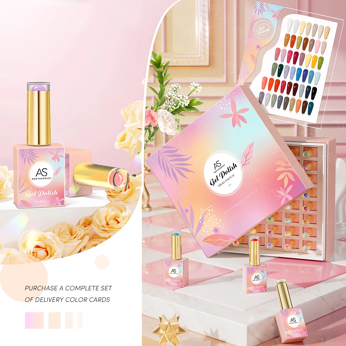 AS Custom Logo Nail Gel Polish Set Box 48 Colors Uv Gel Nail Supplies Polish Pink Bottle Set Private Label Semi Permanent Kit