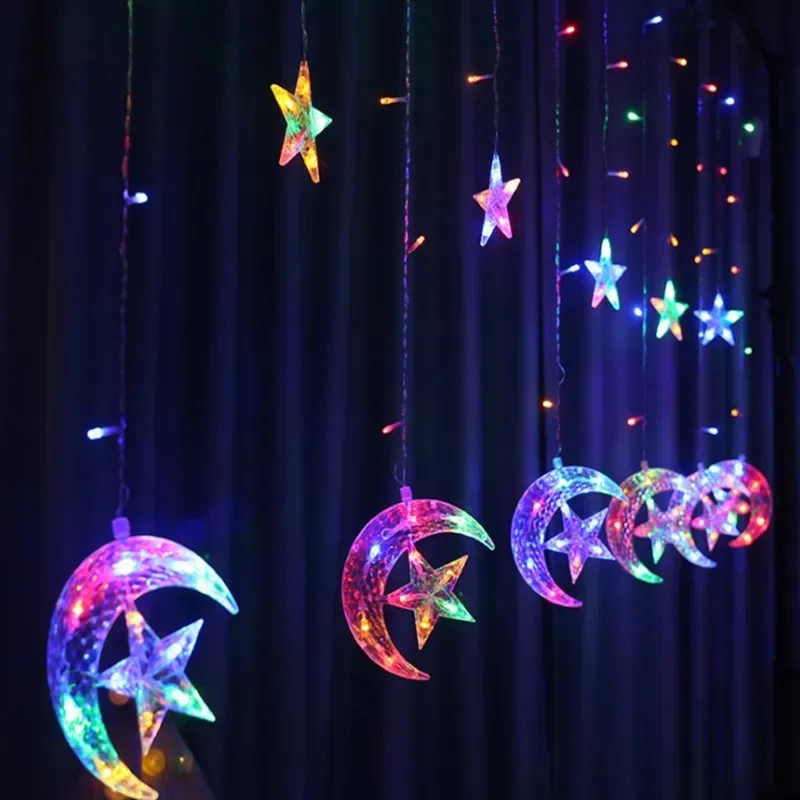 
LED icicle Star Moon Lamp Fairy Curtain String Lights Christmas Garland Outdoor For Bar Home Wedding Party Garden Window Decor 