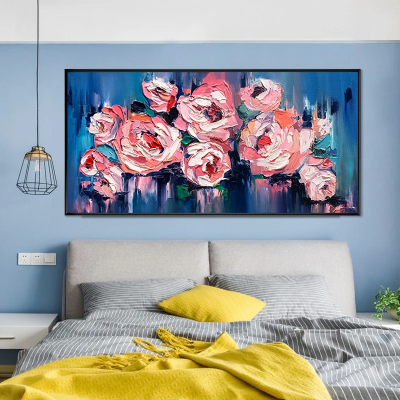 Handmade Palette Knife Rose Designs Textured Abstract Canvas Flower Oil Painting